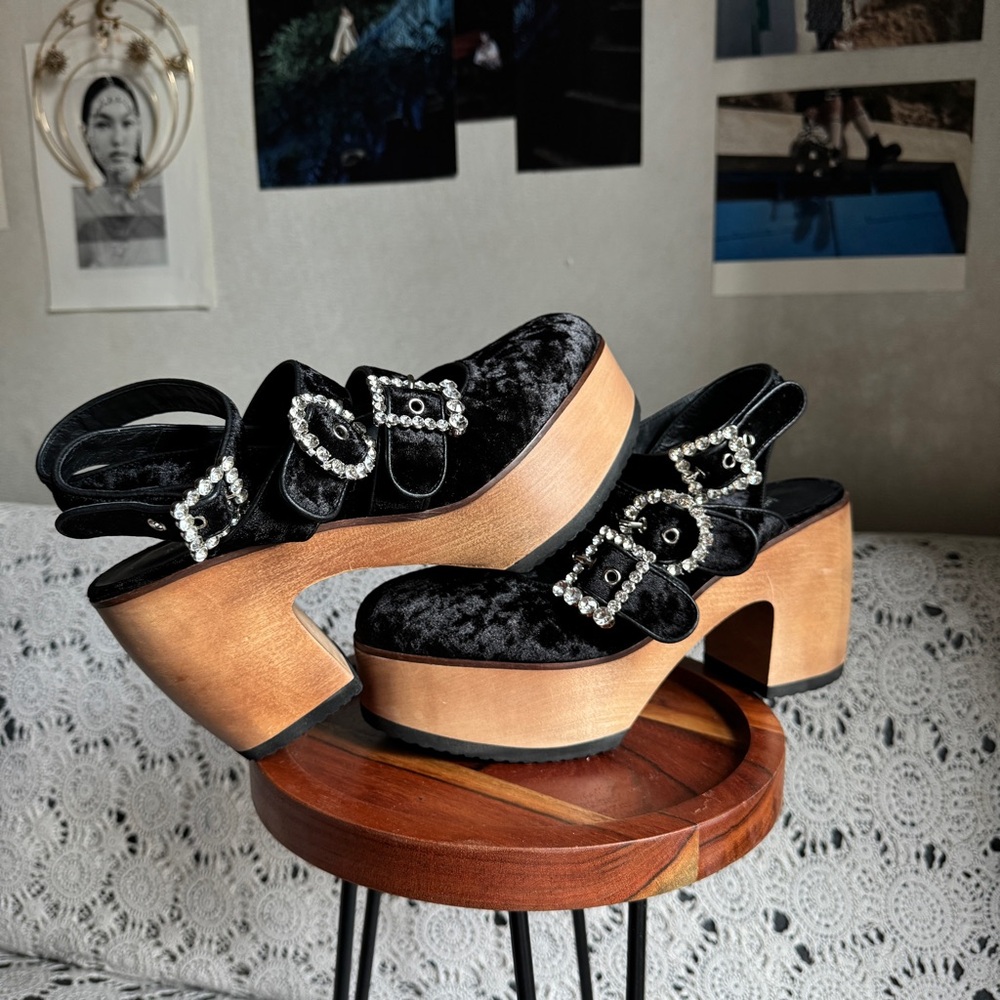 Jeffrey Campbell Black Velvet Platform Clogs with Wood Heel and Crystal Buckles